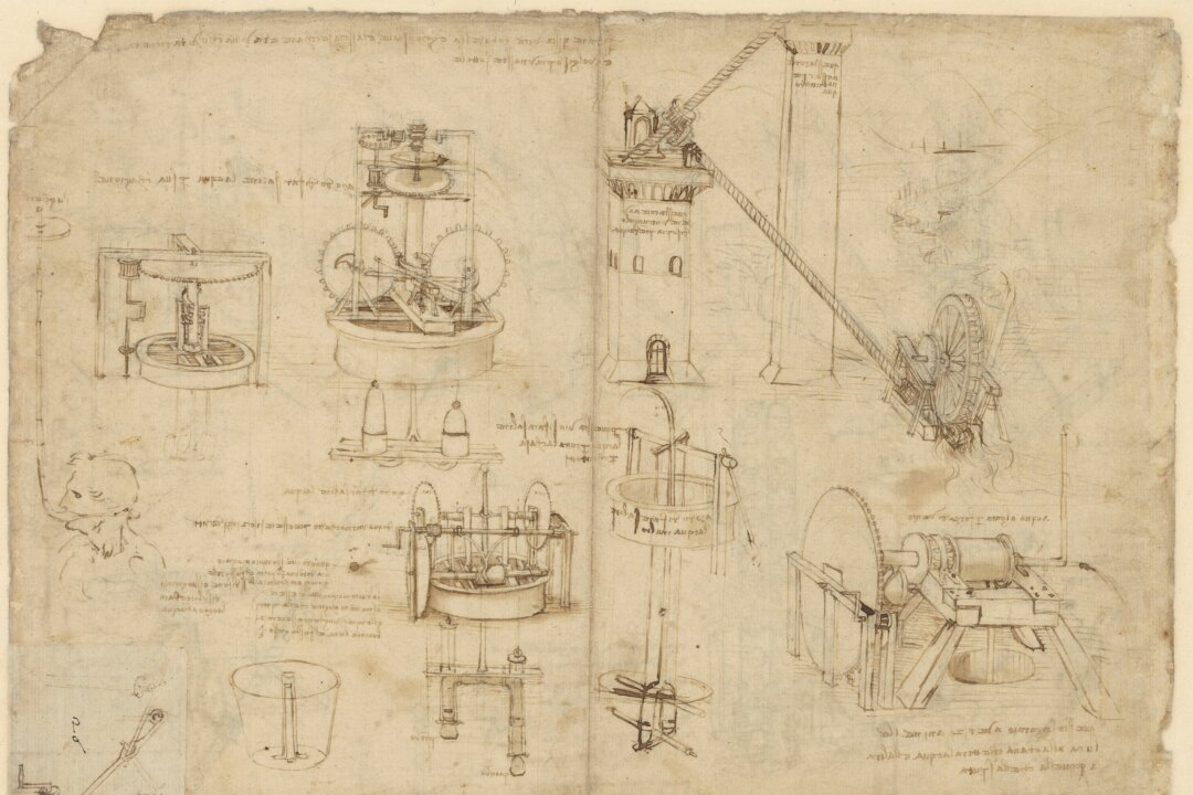 "Diving Apparatus and Water Pumping Devices," circa 1480–1482, by Leonardo da Vinci. Metal point marks, pen and ink on paper; approximately 11 1/4 inches by 15 5/8 inches. "Codex Atlanticus" f. 1069r. (Mondadori Portfolio/Veneranda Biblioteca Ambrosiana)
