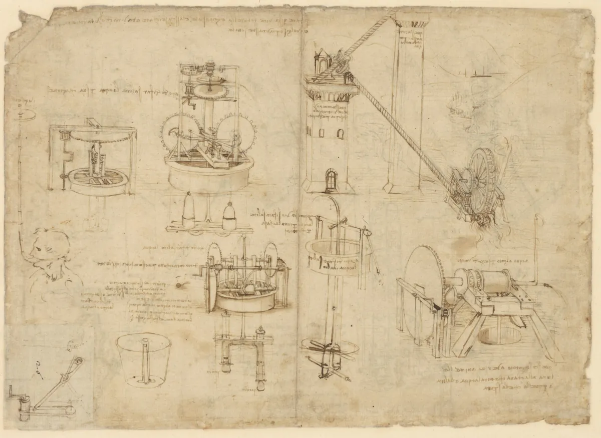 "Diving Apparatus and Water Pumping Devices," circa 1480–1482, by Leonardo da Vinci. Metal point marks, pen and ink on paper; approximately 11 1/4 inches by 15 5/8 inches. "Codex Atlanticus" f. 1069r. (Mondadori Portfolio/Veneranda Biblioteca Ambrosiana)