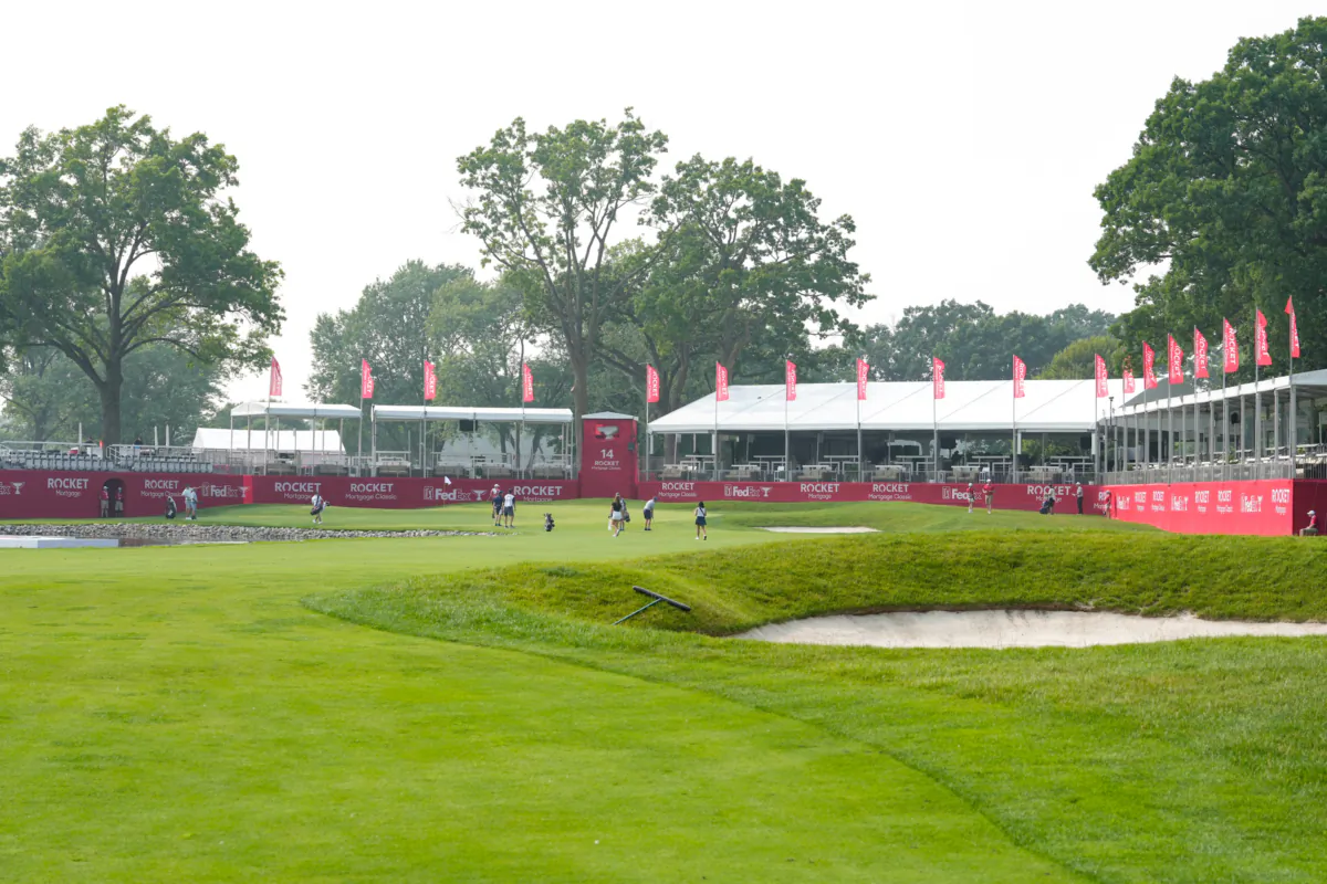 A general view of grandstands on the 17th hole during a practice round prior to the Rocket Mortgage Classic at Detroit Golf Club in Detroit on June 28, 2023. (Raj Mehta/Getty Images)