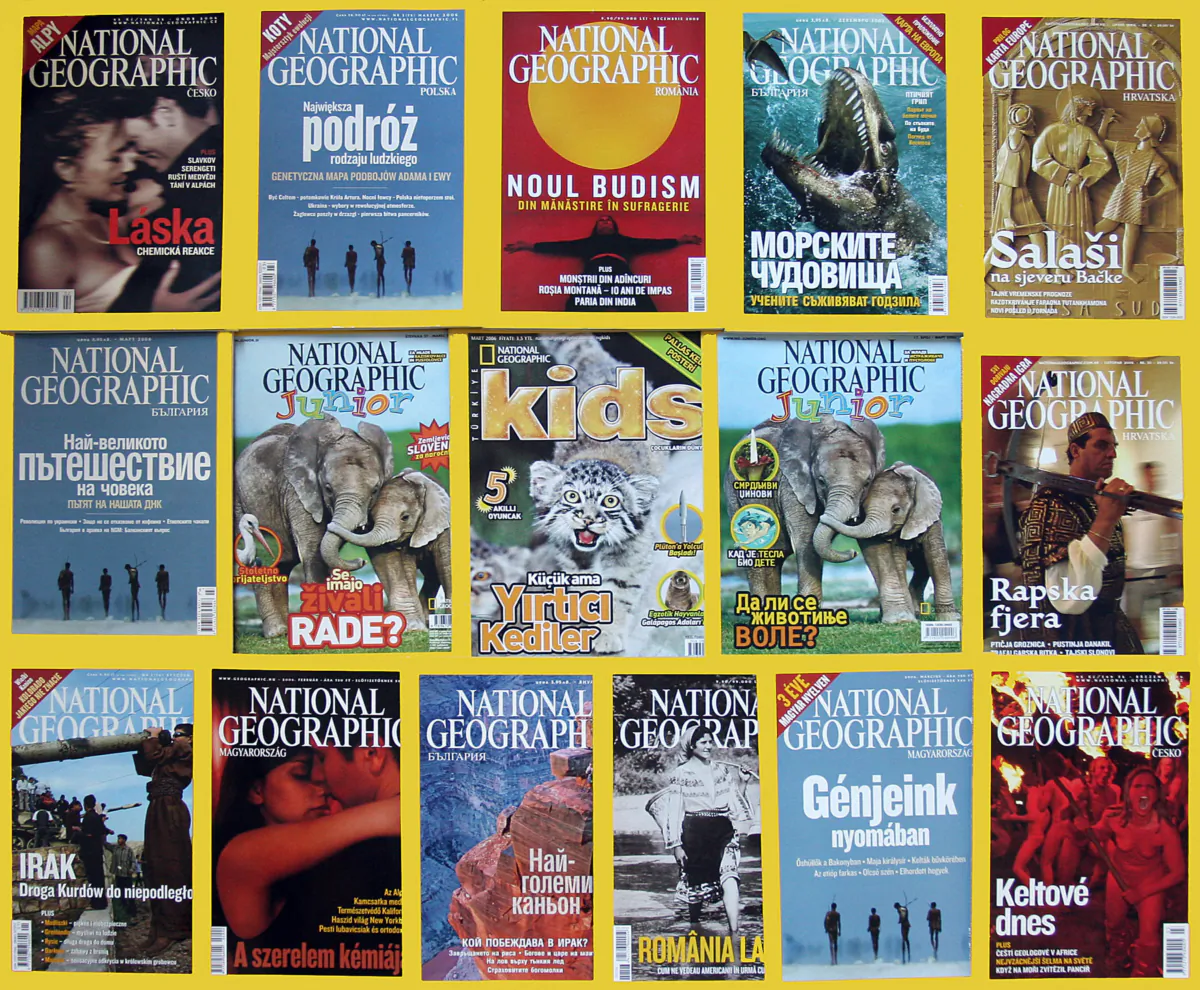 Copies of National Geographic magazine in several languages on April 4, 2006. (KAREN BLEIER/AFP via Getty Images)