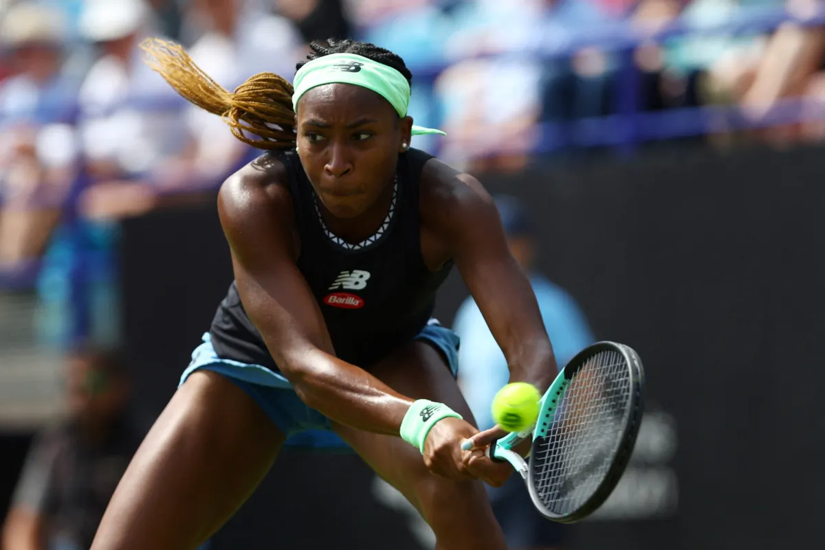 Coco Gauff of the United State in action during her round of 16 match against Britain's Jodie Anna Burrage at the Rothesay Eastbourne International tennis tournament in Eastbourne, southern England, on June 28, 2023. (Paul Childs/Action Images via Reuters)