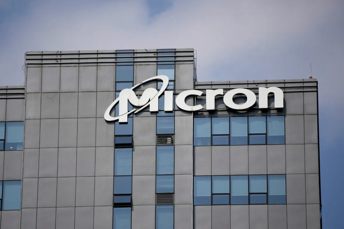 The company logo on the Micron Technology Inc. offices in Shanghai on May 25, 2023. (Aly Song/Reuters)