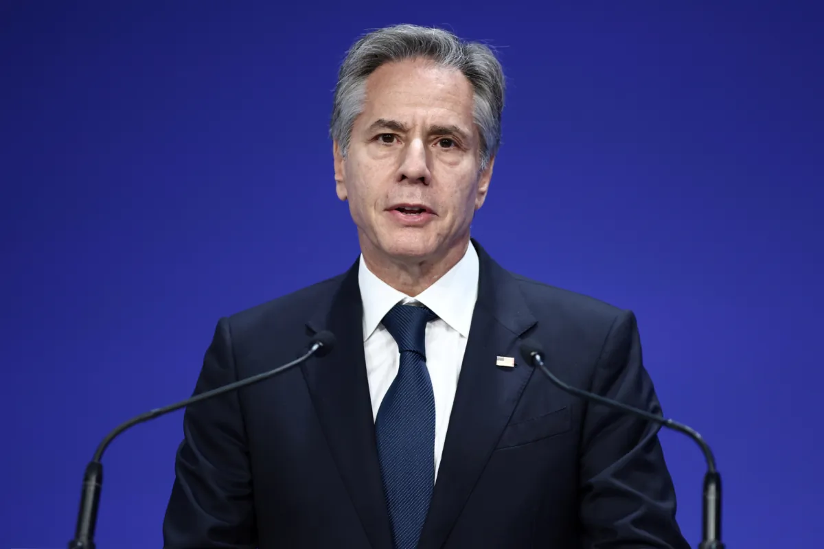 Secretary of State Antony Blinken addresses the opening session on the first day of the Ukraine Recovery Conference at InterContinental London O2 in London on June 21, 2023. (Henry Nicholls/WPA Pool via Getty Images)