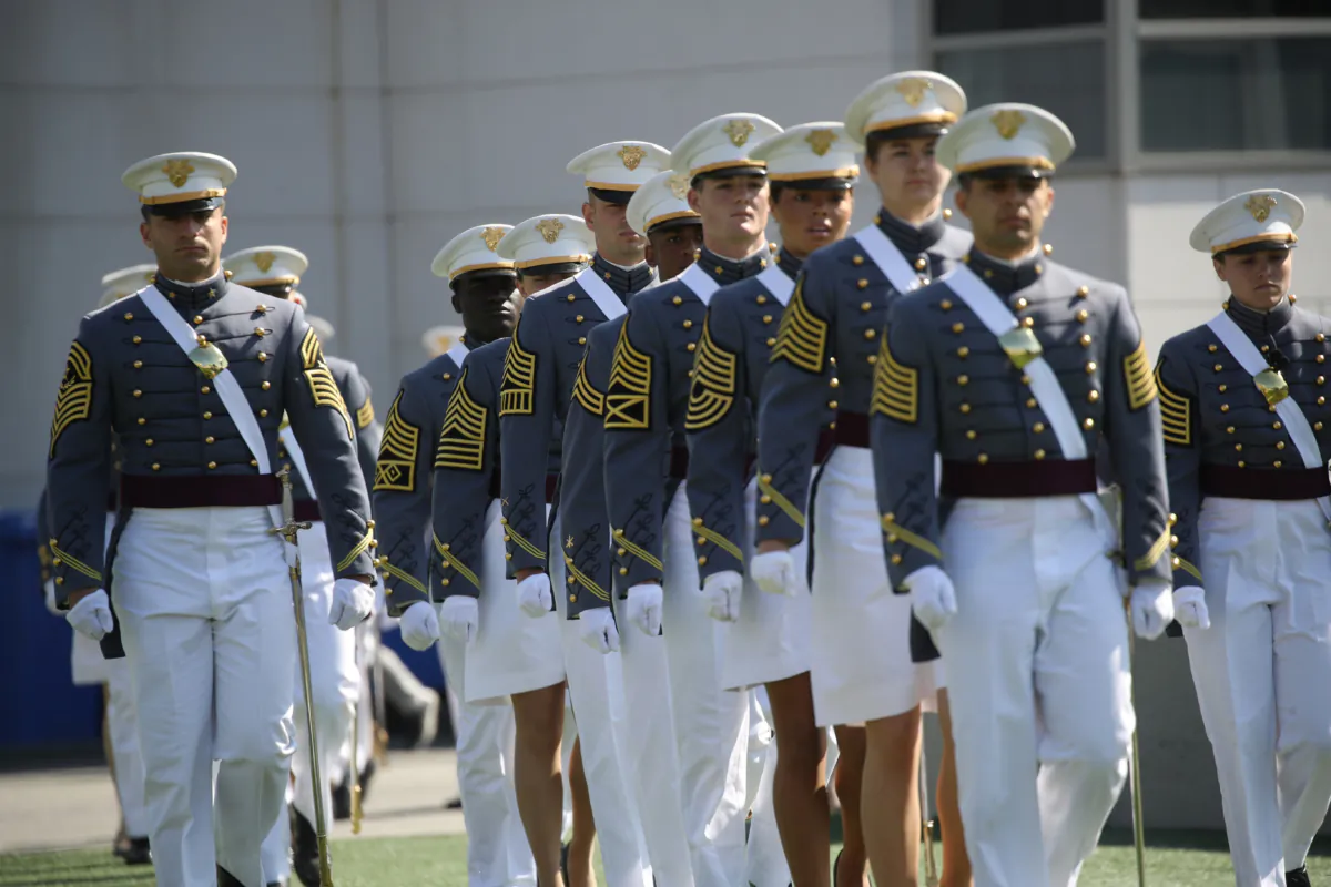 Cadets walk into Michie Stadium during West Point's graduation ceremony in West Point, N.Y., on May 27, 2023. (Spencer Platt/Getty Images)
