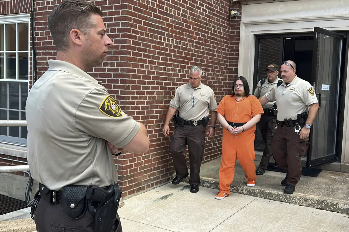 Adrian Oswaldo Sura Reyes, of Nescopeck, Pa., is led from the Columbia County Courthouse following his sentencing in Bloomsburg, Pa., on June 27, 2023. (Bob Kalinowski/The Citizens' Voice via AP)