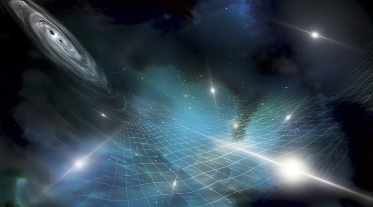 Gravitational waves are stretching and squeezing space-time in the universe in an illustration provided in June 2023. (Aurore Simonnet/NANOGrav Collaboration)