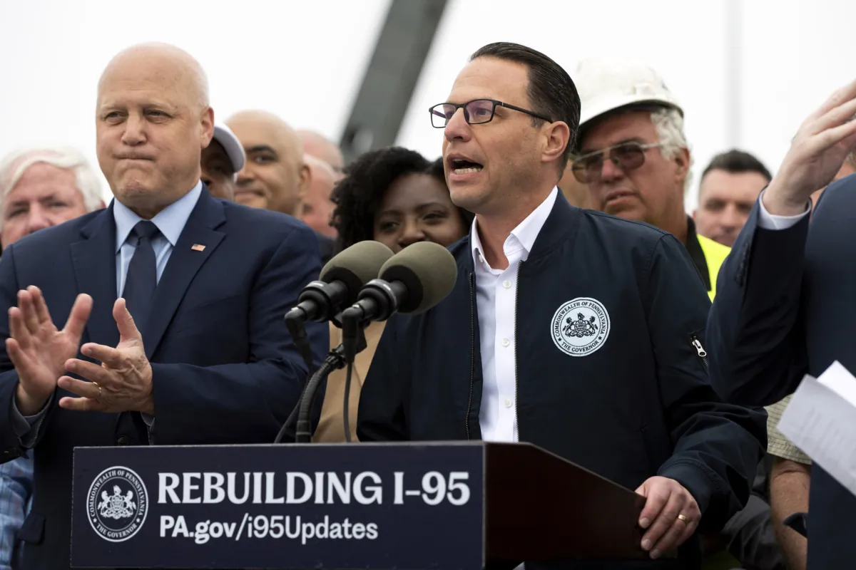 Gov. Josh Shapiro speaks during a news conference to announce the reopening of Interstate 95 in Philadelphia on June 23, 2023. (Joe Lamberti/AP Photo)