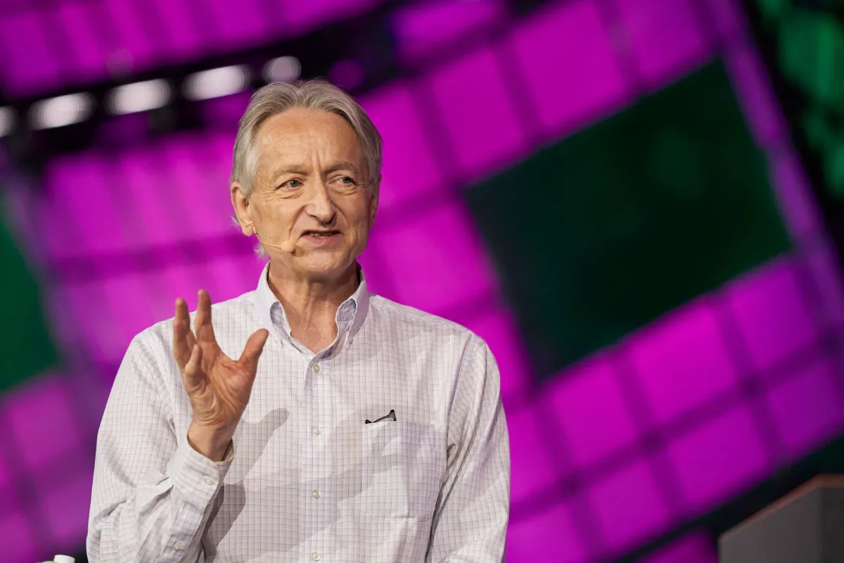 British-Canadian cognitive psychologist and computer scientist Geoffrey Hinton, known as the 'godfather of AI,' speaks with Nick Thompson of The Atlantic (off frame) during the Collision Tech Conference at the Enercare Centre in Toronto, Canada, on June 28, 2023. (Geoff Robins/AFP via Getty Images)