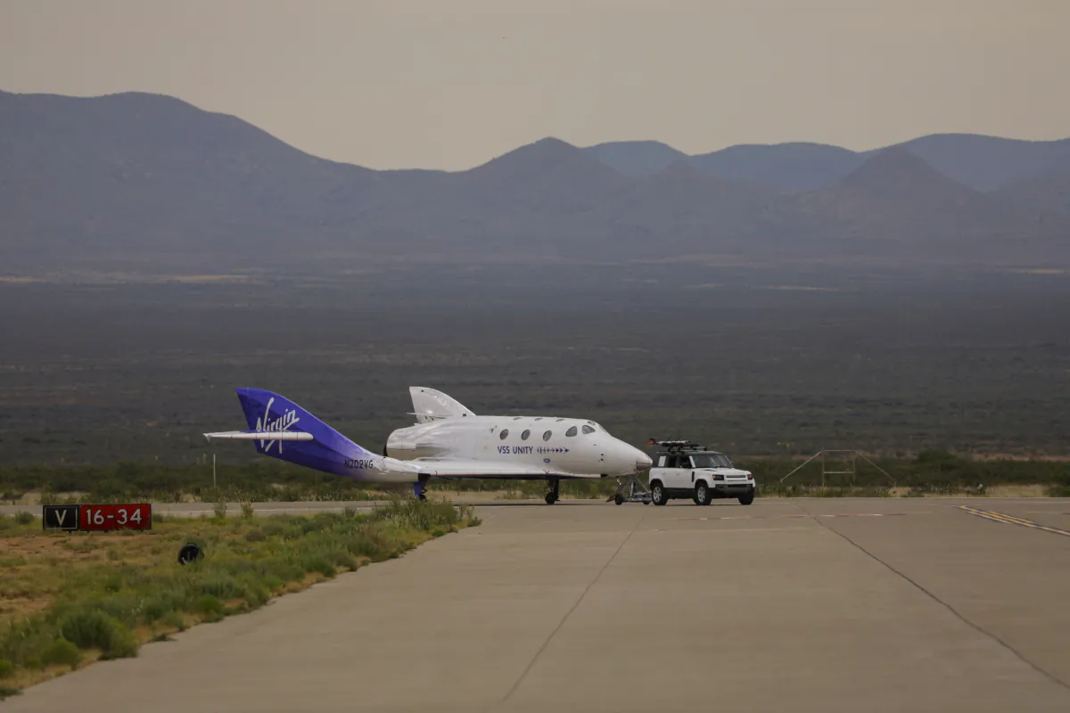 VSS Unity rocket operated by Virgin Galactic lands after the company's first commercial flight to the edge of space, at the Spaceport America facility, in Truth or Consequences, N.M., on June 29, 2023. (Jose Luis Gonzalez/Reuters)