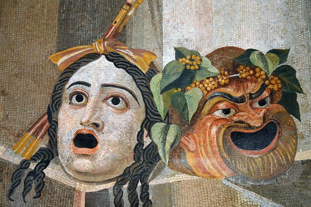  The theatrical masks of tragedy and comedy, 2nd century. Mosaic from Roman baths of Decius, Palazzo Nuovo, Capitoline Museums, Rome. (Public Domain)