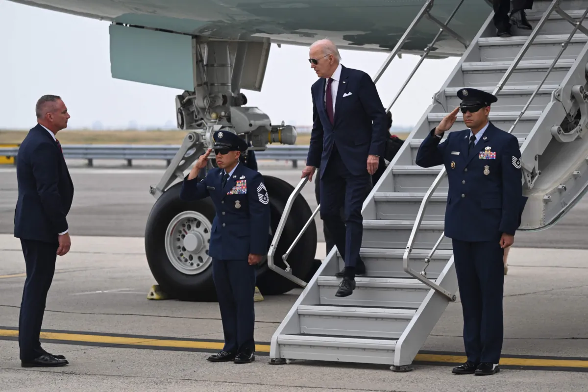 President Joe Biden steps off Air Force One on June 29, 2023, as he arrives at John F. Kennedy airport in New York, where he will attend fundraisers. (Andrew Caballero-Reynolds/AFP via Getty Images)