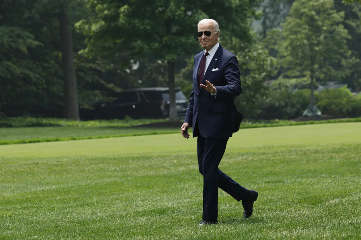 President Joe Biden walks across the South Lawn as he leaves the White House on June 29, 2023. (Chip Somodevilla/Getty Images)