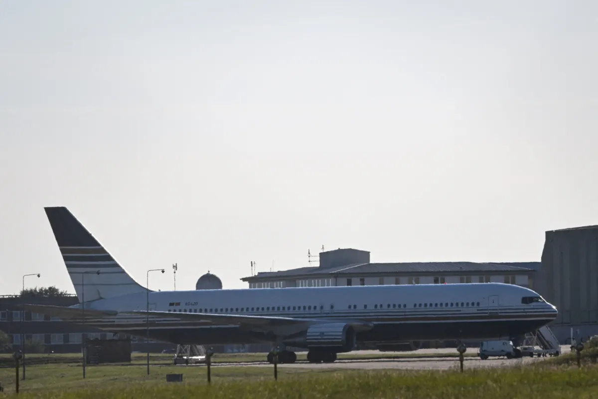 A Boeing 767 sits on the runway at the military base in Amesbury, Salisbury, on June 14, 2022. (Photo by JUSTIN TALLIS / AFP) (Photo by JUSTIN TALLIS/AFP via Getty Images)