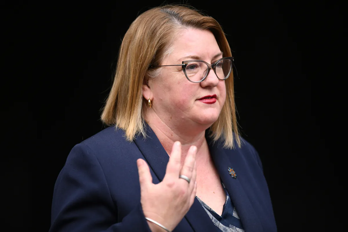 Victorian Minister for Education Natalie Hutchins addresses the media at a press conference in Melbourne, June 29, 2023. (AAP Image/James Ross)