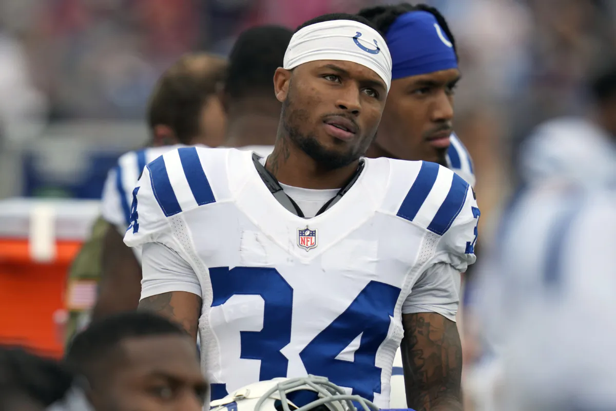 Indianapolis Colts cornerback Isaiah Rodgers (34) looks on during an NFL football game in Foxborough, Mass., on Nov. 6, 2022. (Charles Krupa/AP Photo)