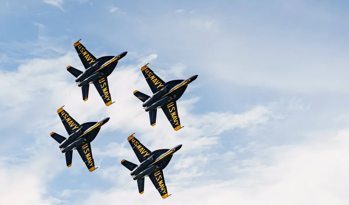 U.S. Navy Blue Angels fly during the New York Air Show at Orange County Airport in Montgomery, N.Y., on June 24, 2023. (Petr Svab/The Epoch Times)