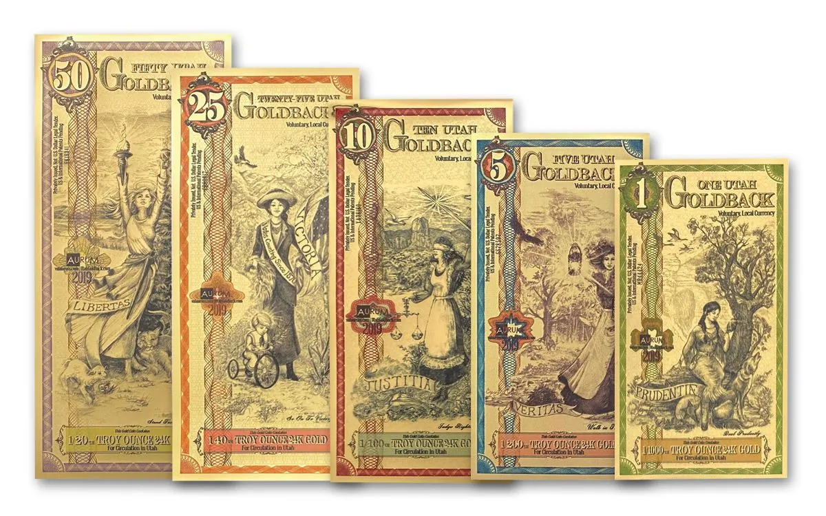 1–50 Utah Goldback Aurum 24kt gold foil notes 5-piece set. (Public Domain)