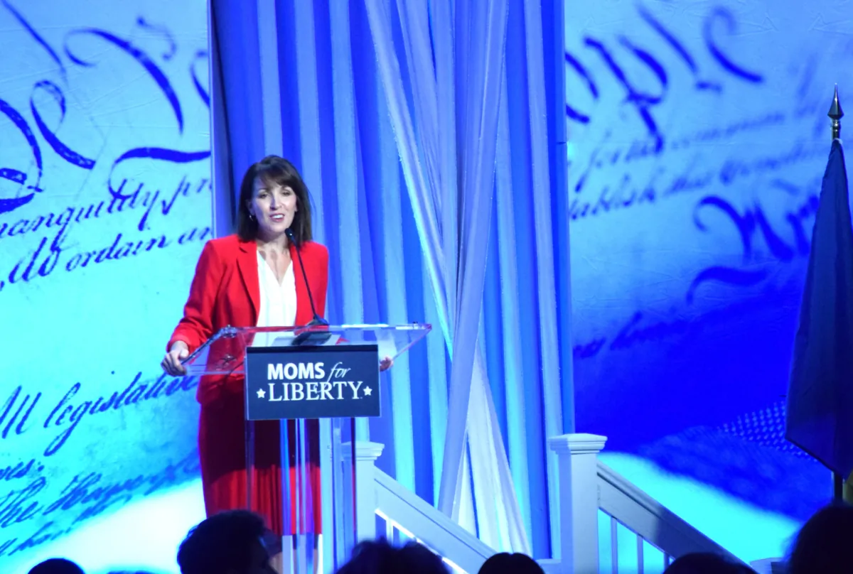 Moms for Liberty cofounder Tina Descovich speaks at the group's Joyful Warriors National Summit in Philadelphia, Pa., on June 30, 2023. (Beth Brelje/The Epoch Times)
