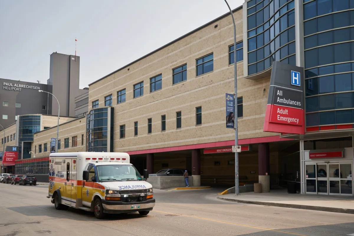 An ambulance drives past Health Sciences Centre in Winnipeg on June 15, 2023. (The Canadian Press/David Lipnowski)