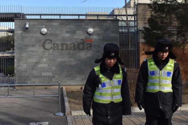 Police patrol outside the Canadian embassy in Beijing, China, on Jan. 15, 2019. (Greg Baker/Getty Images)