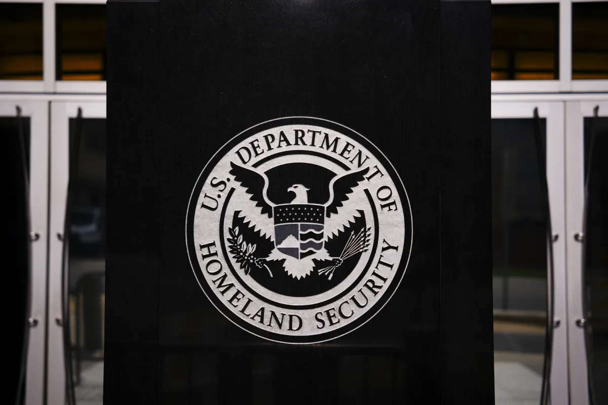 The seal of the Department of Homeland Security at the U.S. Immigration and Customs Enforcement building in Washington on June 28, 2023. (Madalina Vasiliu/The Epoch Times)