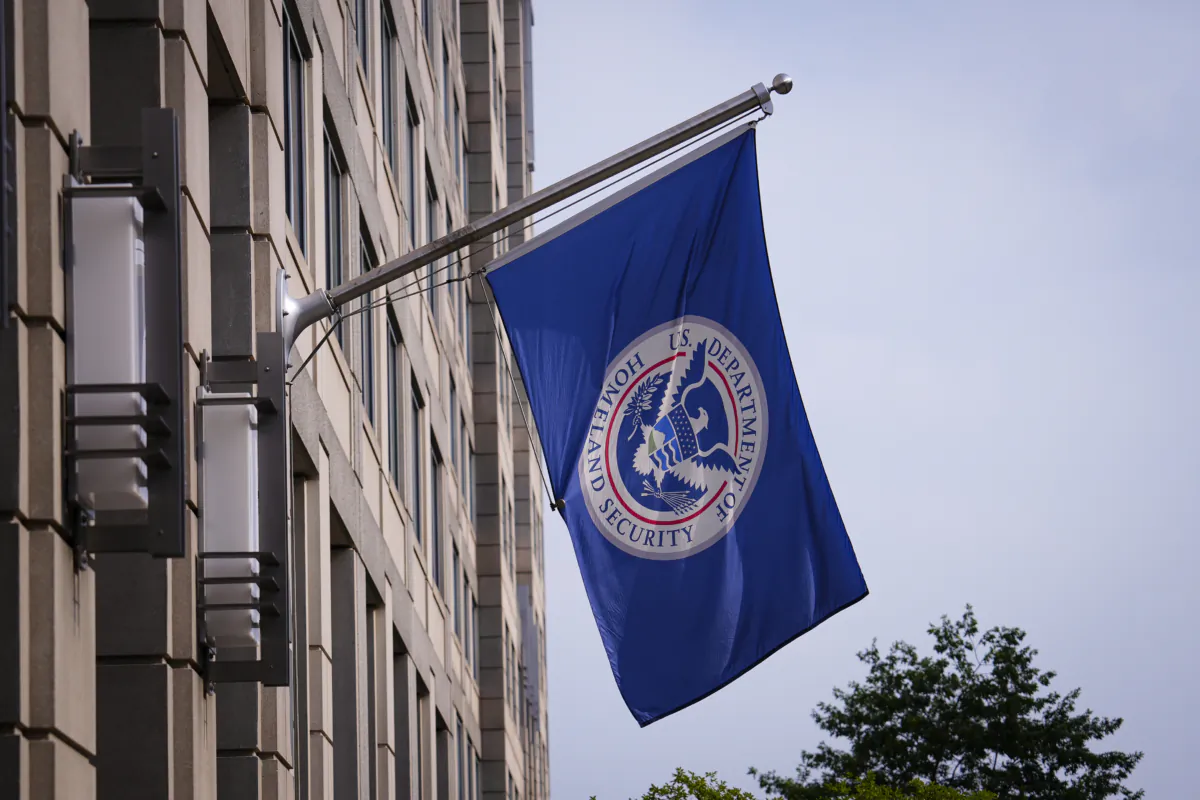 The Department of Homeland Security flag at the U.S. Immigration and Customs Enforcement building in Washington on June 28, 2023. (Madalina Vasiliu/The Epoch Times)