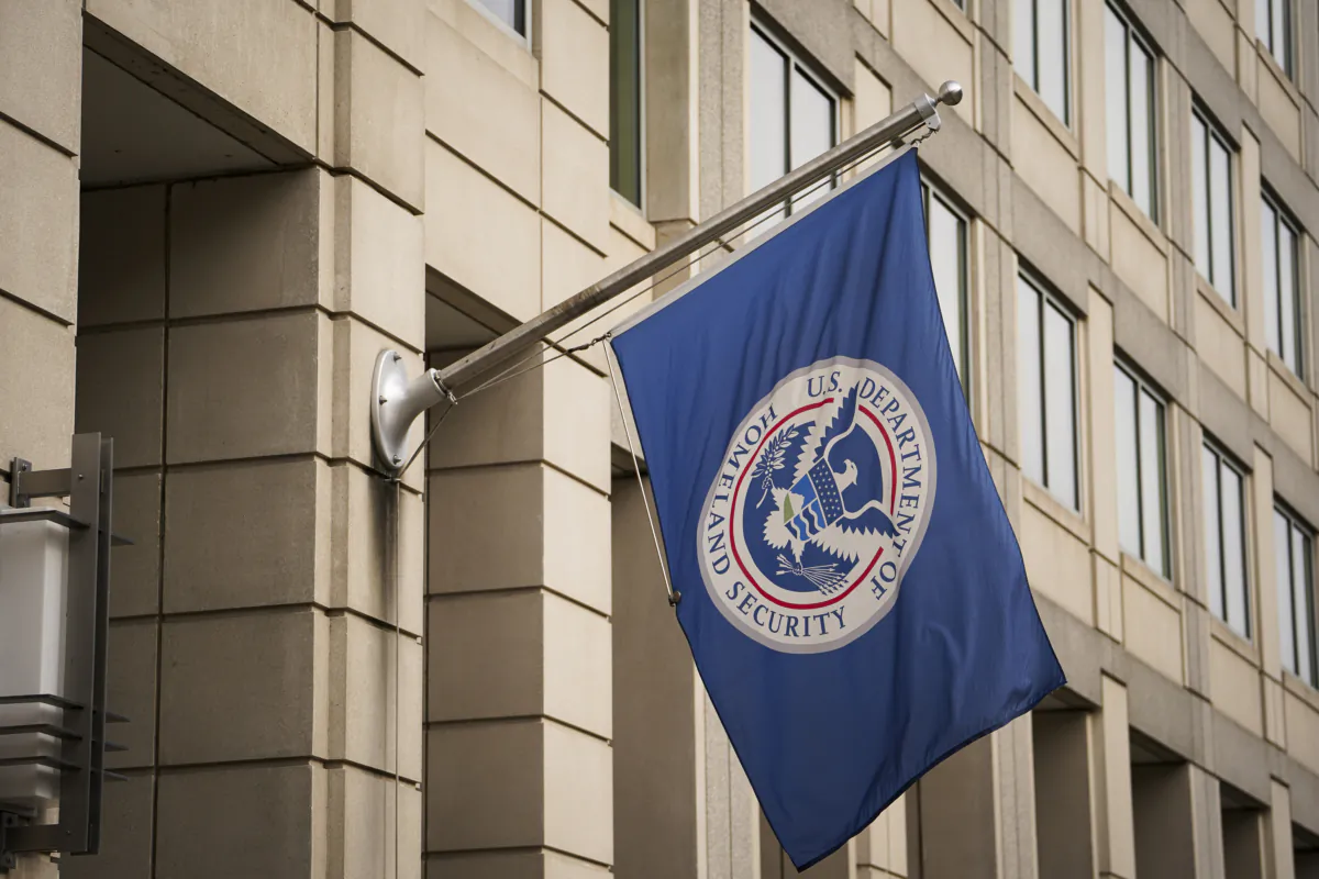 Department of Homeland Security flag at the U.S. Immigration and Customs Enforcement building in Washington on June 28, 2023. (Madalina Vasiliu/The Epoch Times)
