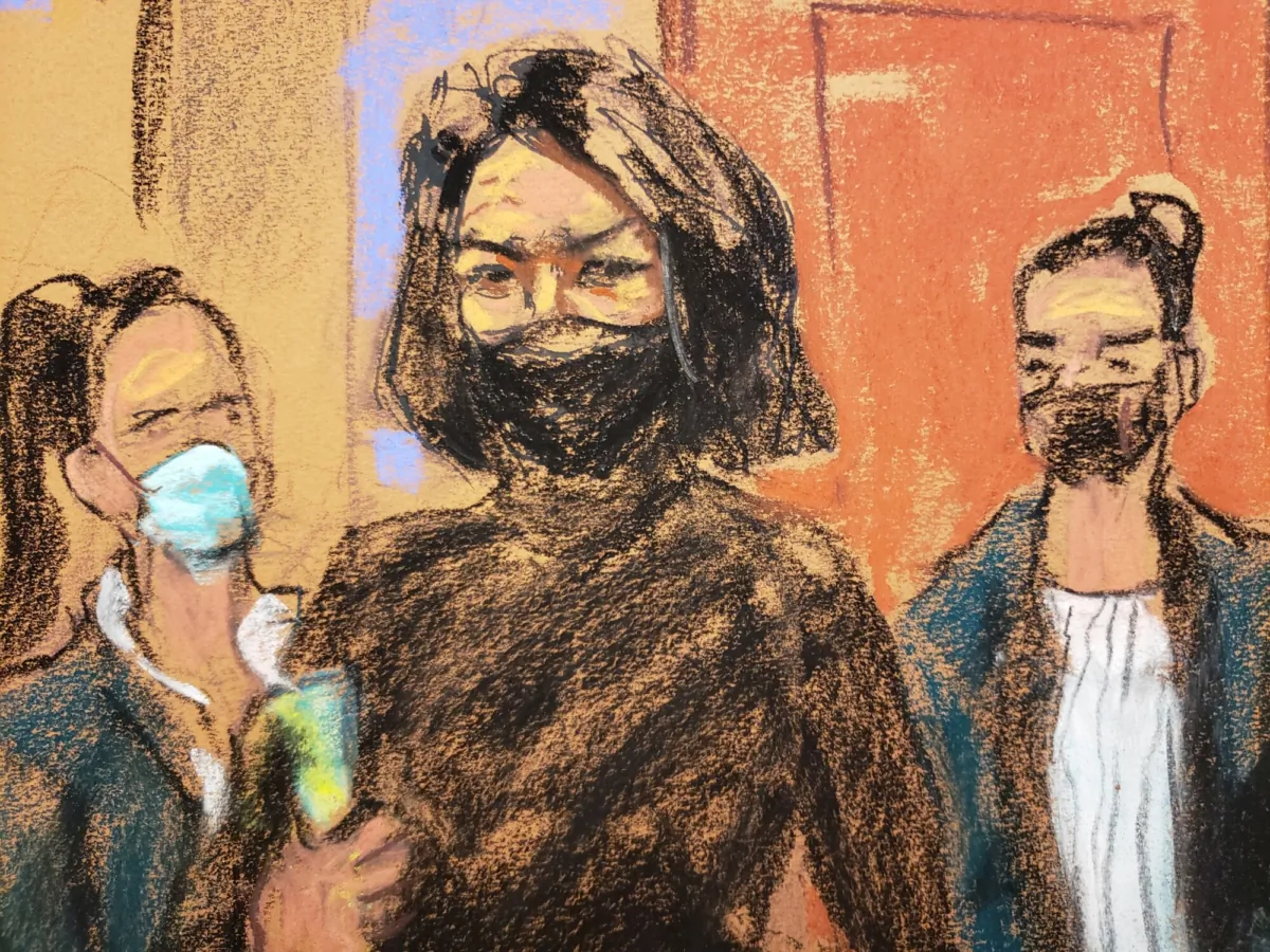 This courtroom sketch shows Ghislaine Maxwell (C) entering court, followed by two U.S. Marshalls, for her trial on charges of sex trafficking, in New York City, on Dec. 2, 2021. (Jane Rosenberg/AFP via Getty Images)