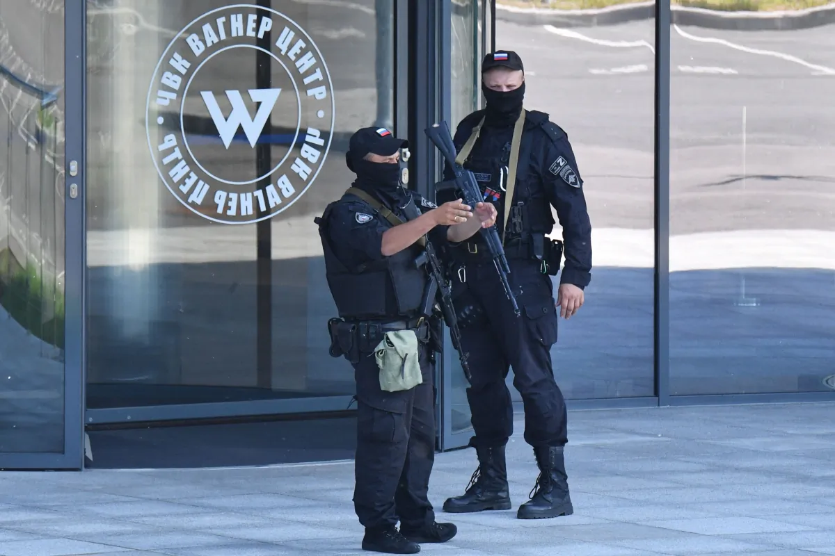 Russian police officers patrol in an area outside PMC Wagner Centre in Saint Petersburg, Russia, on June 24, 2023. (Olga Maltseva/AFP via Getty Images)