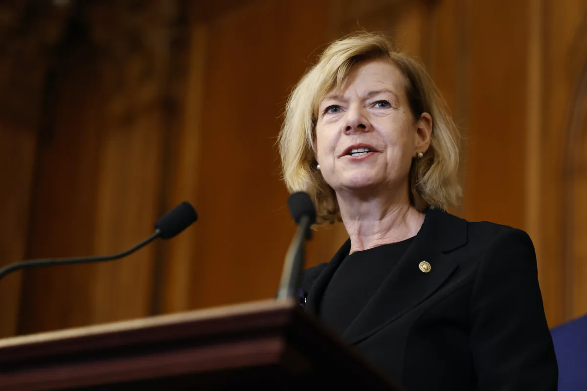 Sen. Tammy Baldwin (D-Wis.) speaks at the U.S. Capitol building in Washington on Dec. 8, 2022. (Anna Moneymaker/Getty Images)