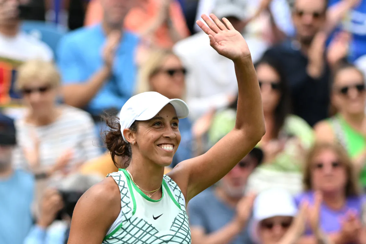 US player Madison Keys celebrates after beating US player Coco Gauff in their women's singles semi-final tennis match at the Rothesay Eastbourne International tennis tournament in Eastbourne, southern England, on June 30, 2023. (Glyn Kirk/AFP via Getty Images)