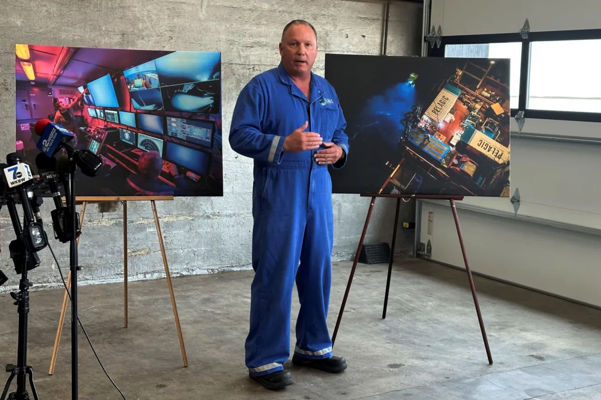 Edward Cassano speaks during a news conference on the Titan submersible are displayed in Aurora N.Y., on June 30, 2023. (Carolyn Thompson/AP Photo)