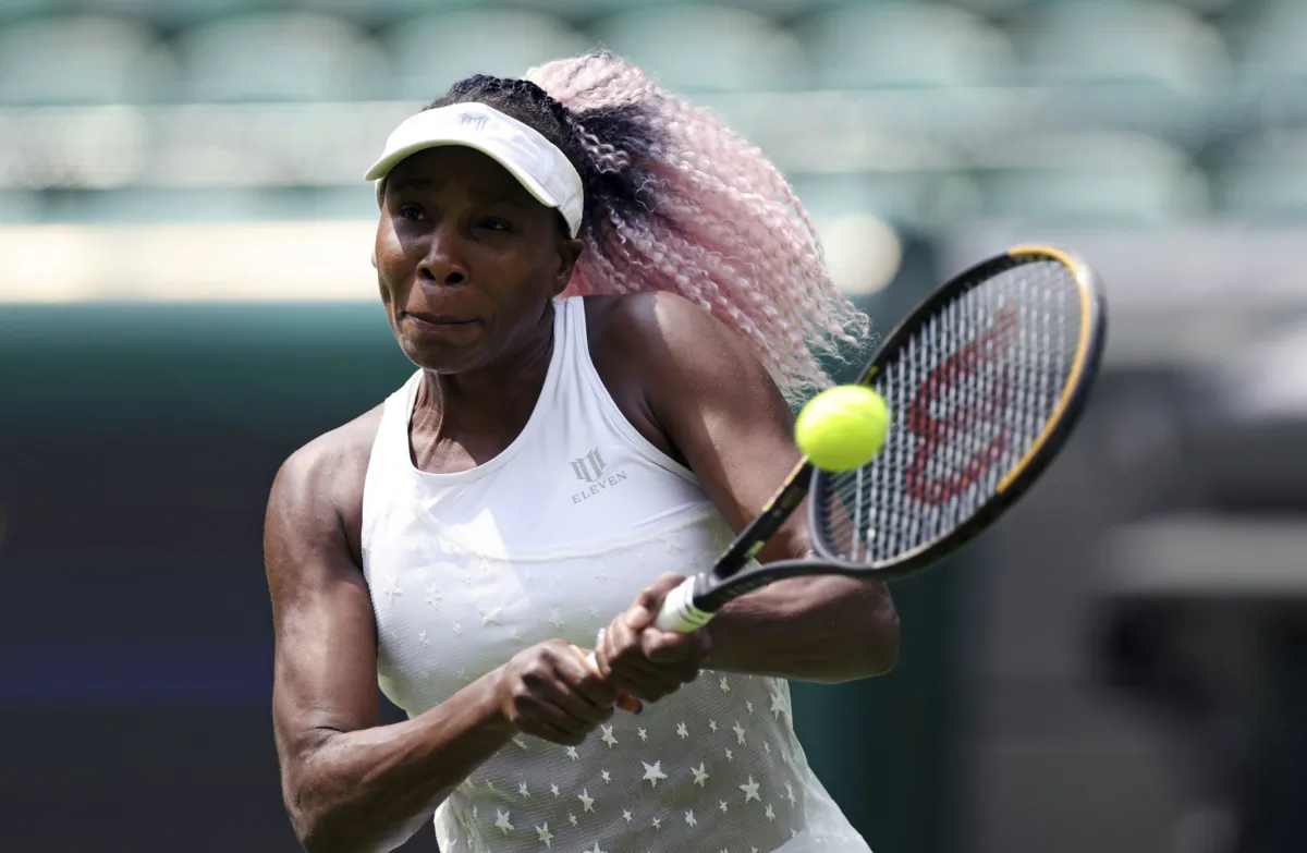 Venus Williams from the US practices at the All England Lawn Tennis and Croquet Club in Wimbledon, England, ahead of the championships which start on Monday, on June 29, 2023. (Steven Paston/PA via AP)