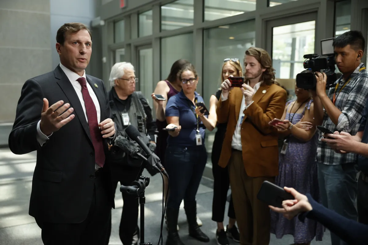 House Oversight Committee member Rep. Dan Goldman (D-N.Y.) talks to reporters as he departs the O'Neill House Office Building on Capitol Hill in Washington on July 31, 2023. (Chip Somodevilla/Getty Images)