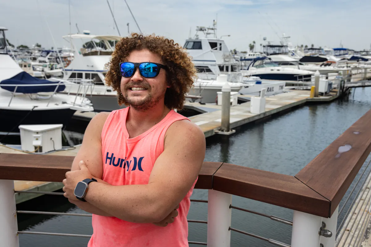 Fishing-charter boat captain Nolan Woody of Full Spectrum Sport Fishing Inc. in Huntington Beach, Calif., on July 31, 2023. (John Fredrick/The Epoch Times)
