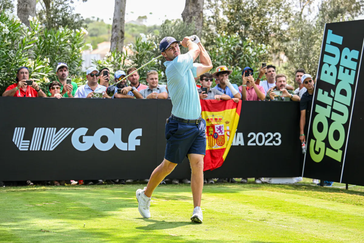 Bryson DeChambeau of Crushers GC plays his tee shot on the 8th hole during day two of LIV Golf—Andalucia at Real Club Valderrama in Cadiz, Spain, on July 1, 2023. (Octavio Passos/Getty Images)