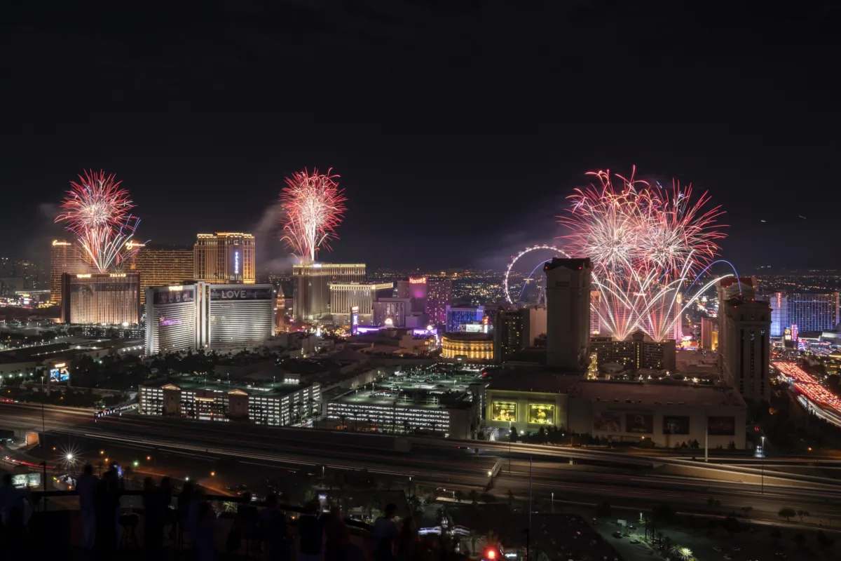 Fireworks explode over the Las Vegas Strip during a 4th of July Fireworks show in Las Vegas on July 4, 2021. (John Locher/AP Photo)