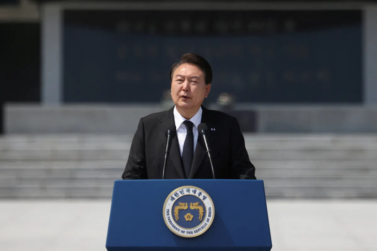 South Korean President Yoon Suk-yeol delivers his speech during a ceremony marking the 68th Memorial Day at the national cemetery in Seoul, South Korea, on June 6, 2023. (Kim Hong-Ji/Pool/Reuters)