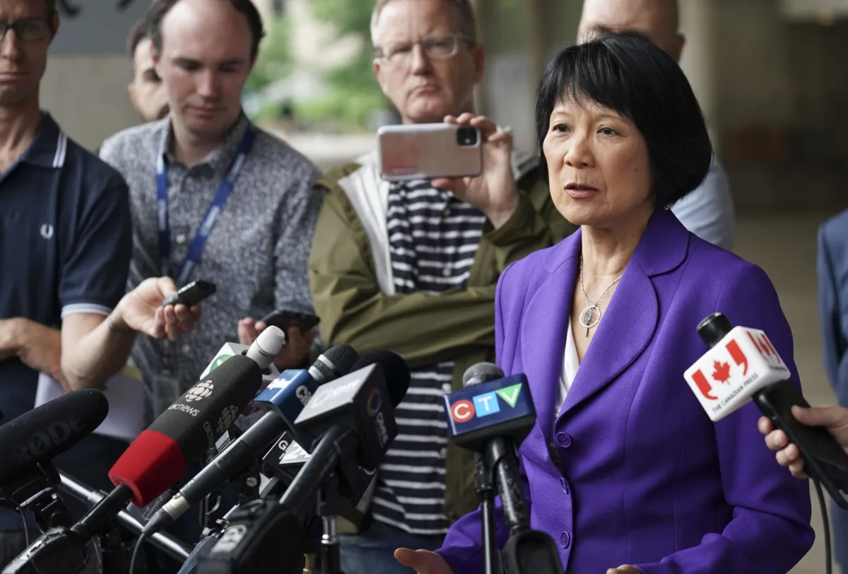 Toronto mayor-elect Olivia Chow speaks to media outside City Hall in Toronto on June 27, 2023. (The Canadian Press/Arlyn McAdorey)
