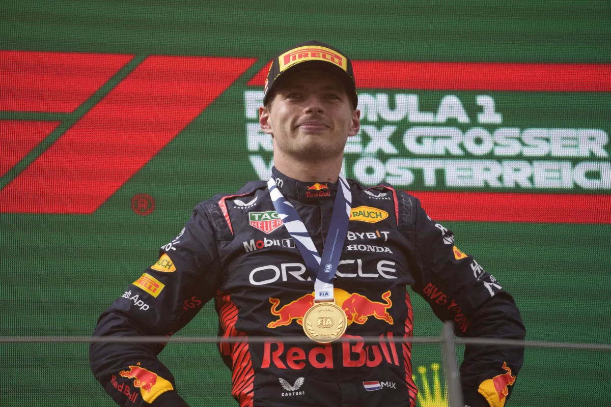Red Bull driver Max Verstappen of the Netherlands gestures after winning the Austrian Formula One Grand Prix, at the Red Bull Ring racetrack, in Spielberg, Austria, on July 2, 2023. (Darko Bandic/AP Photo)