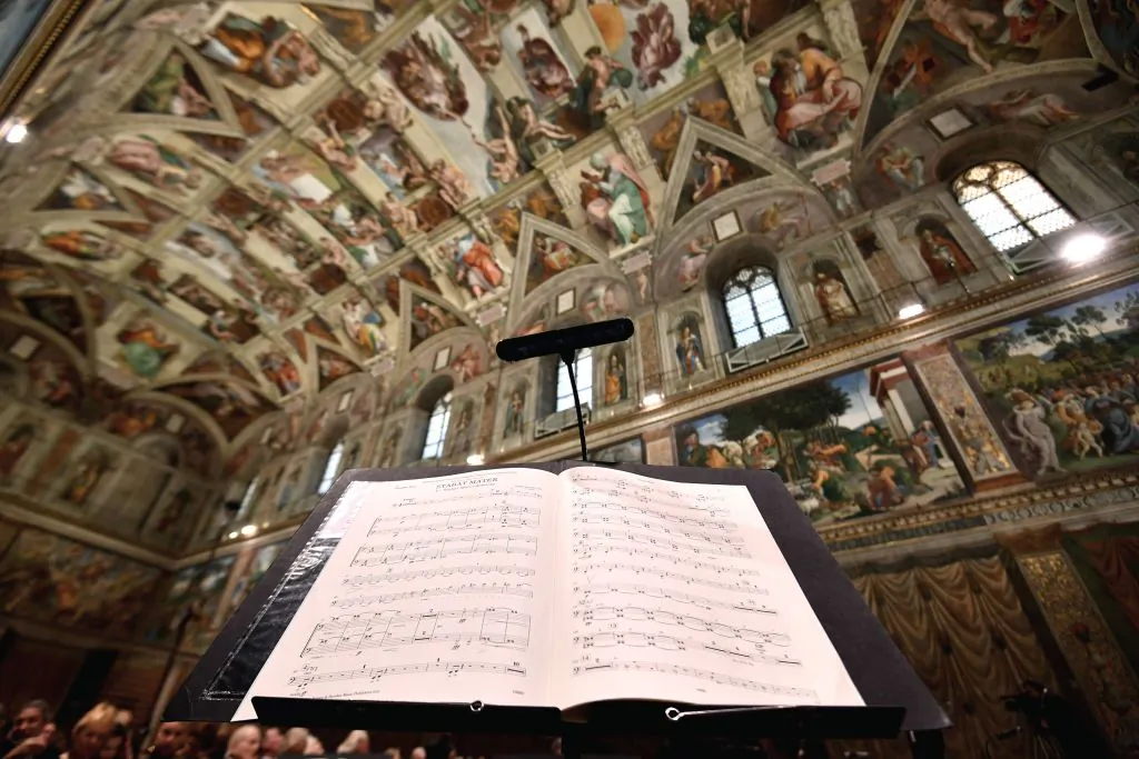 The score for the double bass of Sir James MacMillians Stabat Mater is pictured prior to the British composer Harry Christophers conducting in a concert live streamed for the first time from the Sistine Chapel at the Vatican on April 22, 2018. (Vincenzo Pinto/AFP via Getty Images)