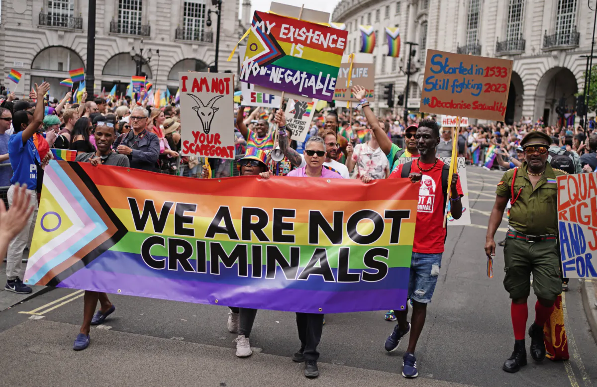 People take part in the Pride in London parade in Piccadilly Circus, central London on July 1, 2023. (PA)