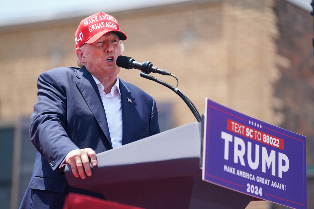 Former U.S. President Donald Trump speaks to the crowd during a campaign event in Pickens, South Carolina, on July 1, 2023. (Sean Rayford/Getty Images)