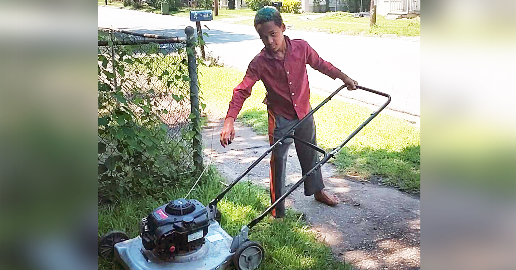 Boy, 12, mows lawns to earn extra money for his family and to buy new school supplies