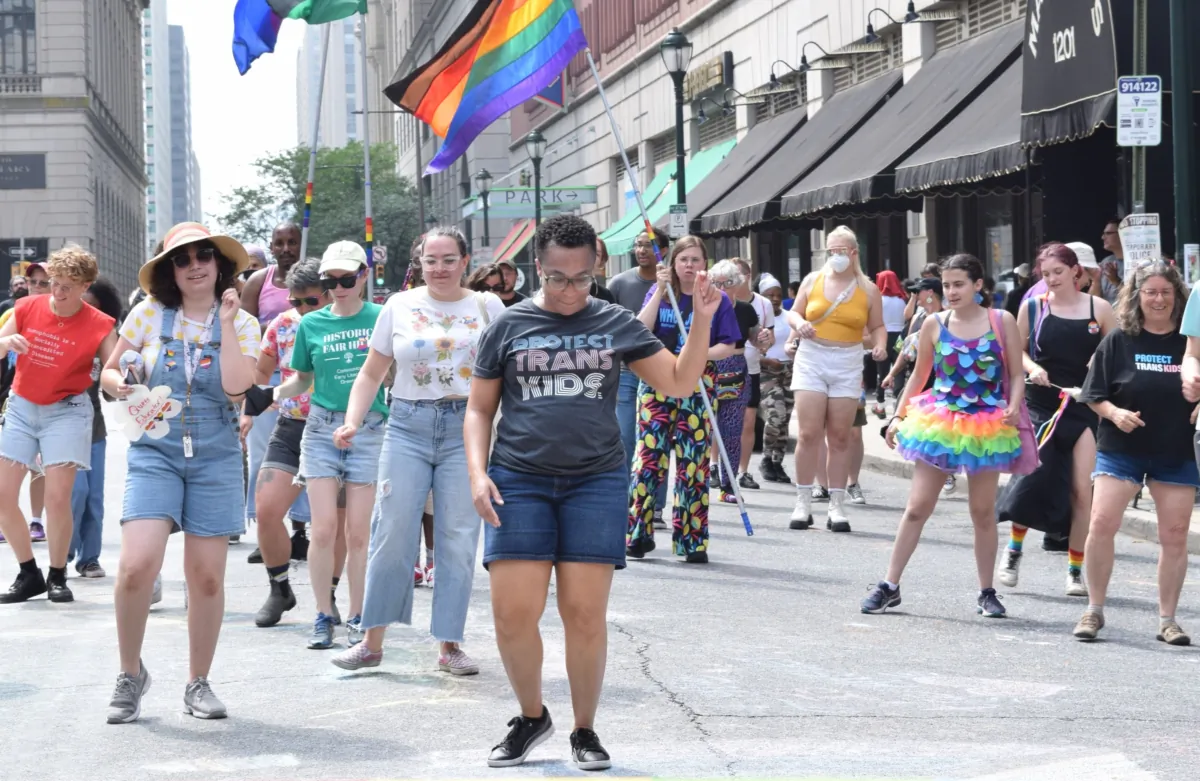 LGBT political activists participate in a dance protest of the group Moms for Liberty in Philadelphia on July 1, 2023. (Beth Brelje/Epoch Times)  