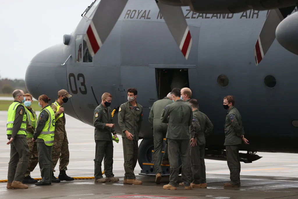 New Zealand Defence Force depart on the F-230H Hercules at the RNZAF Base in Auckland, New Zealand, on April 13, 2022. (Phil Walter/Getty Images)
