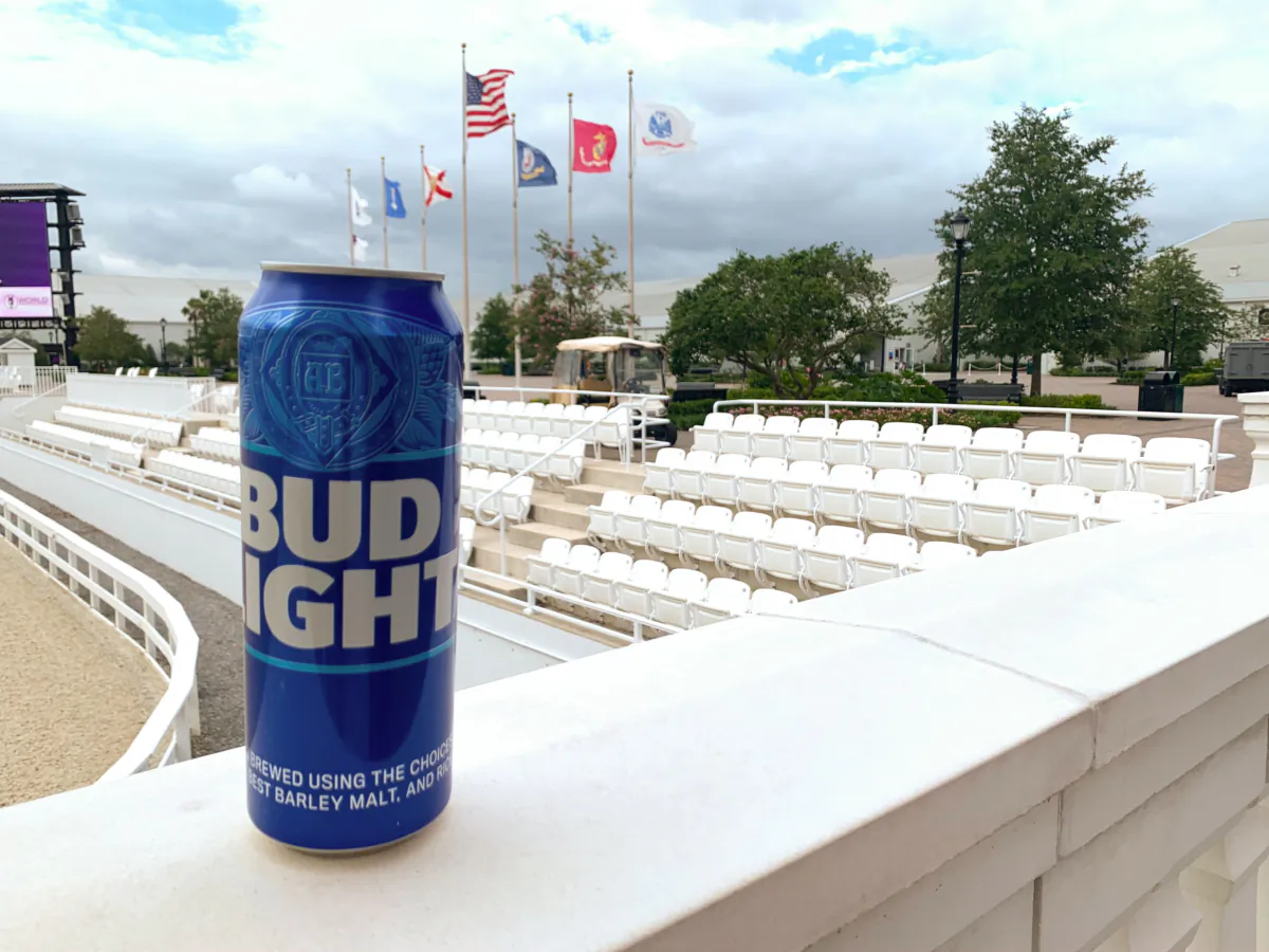 A 12-ounce can of Bud Light on a railing at the World Equestrian Center in Ocala, Fla. on May 26, 2023. (T.J. Muscaro/The Epoch Times)