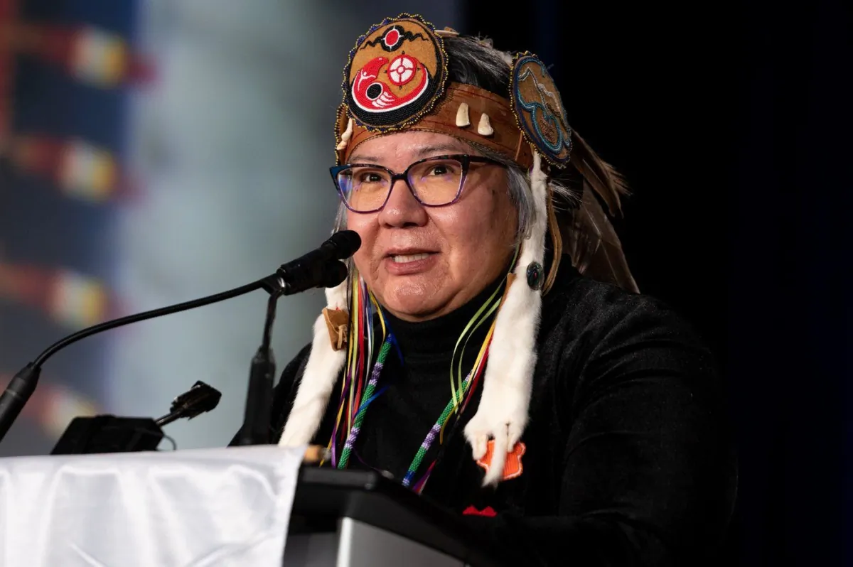 Assembly of First Nations (AFN) National Chief, RoseAnne Archibald, speaks during the AFN Special Chiefs Assembly (SCA) in Ottawa, on Dec. 6, 2022. (The Canadian Press/Spencer Colby)
