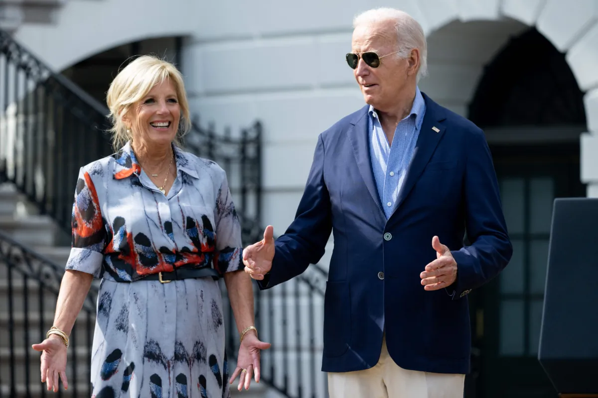 President Joe Biden and First Lady Jill Biden arrive as they host a barbecue for active-duty military families in honor of the Fourth of July on the South Lawn of the White House on July 4, 2023. (Saul Loeb/AFP via Getty Images)