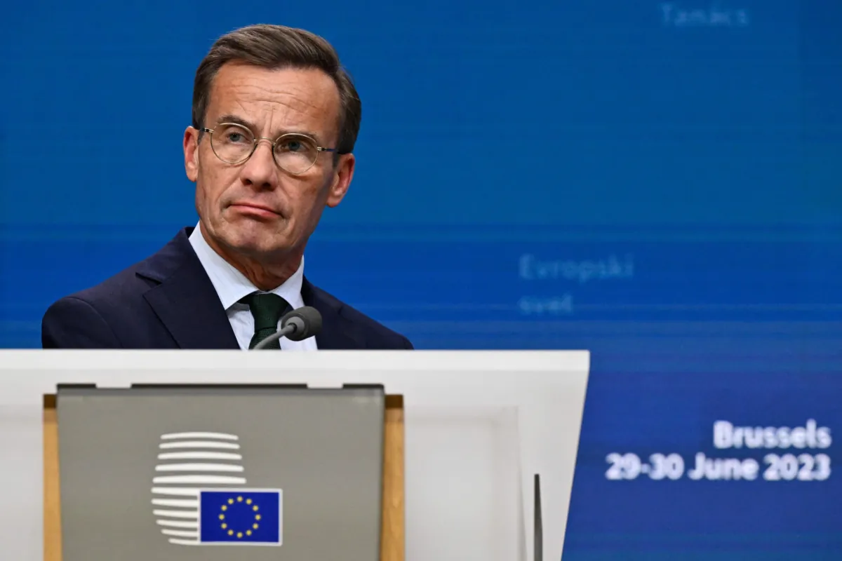 Swedish Prime minister Ulf Kristersson looks on during a final press conference on the second day of a meeting of the European Council at The Europa Building in Brussels on June 30, 2023. (John Thys/AFP via Getty Images)